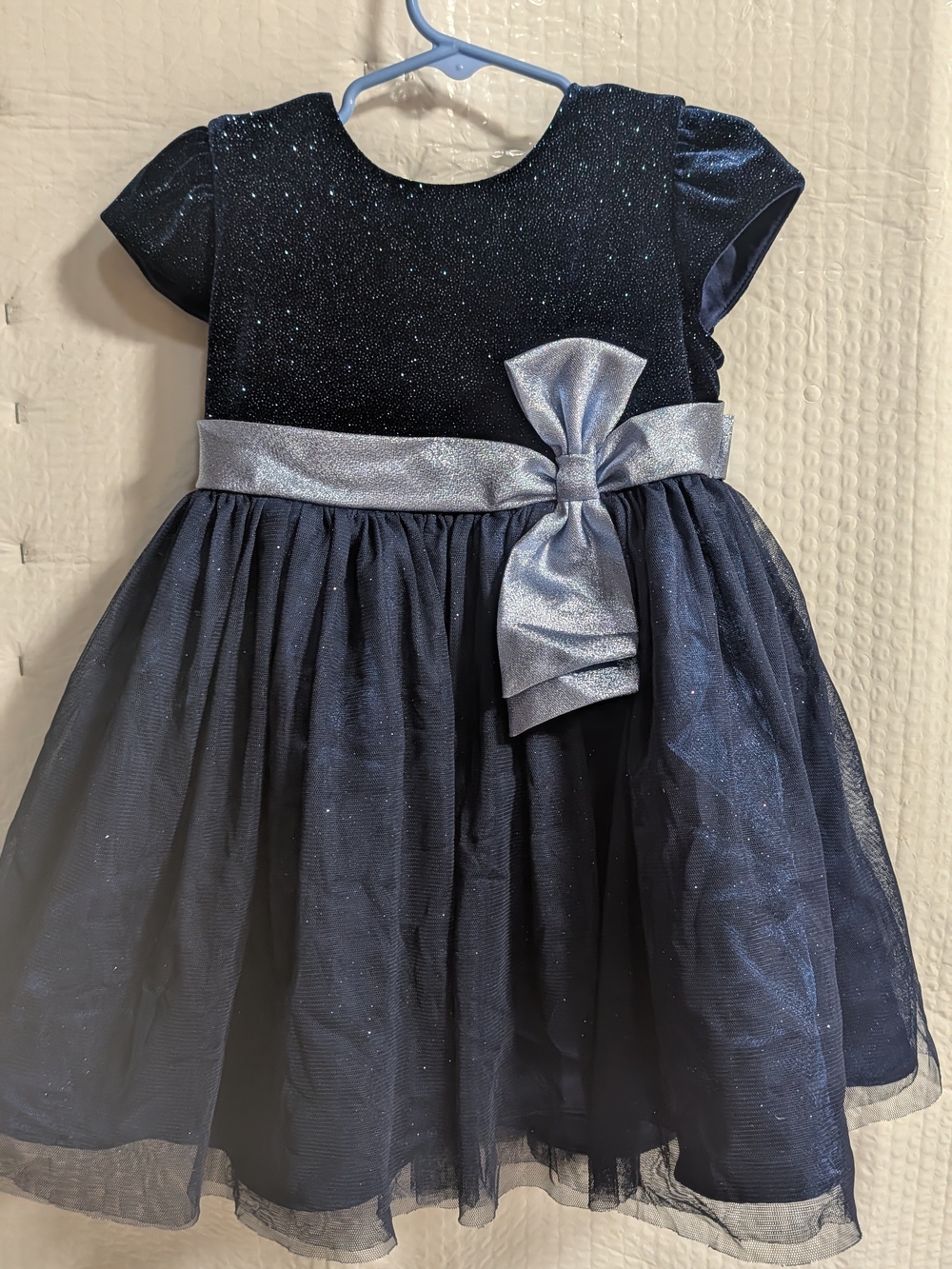 Girls Navy Sparkle Tulle Dress with Silver Bow